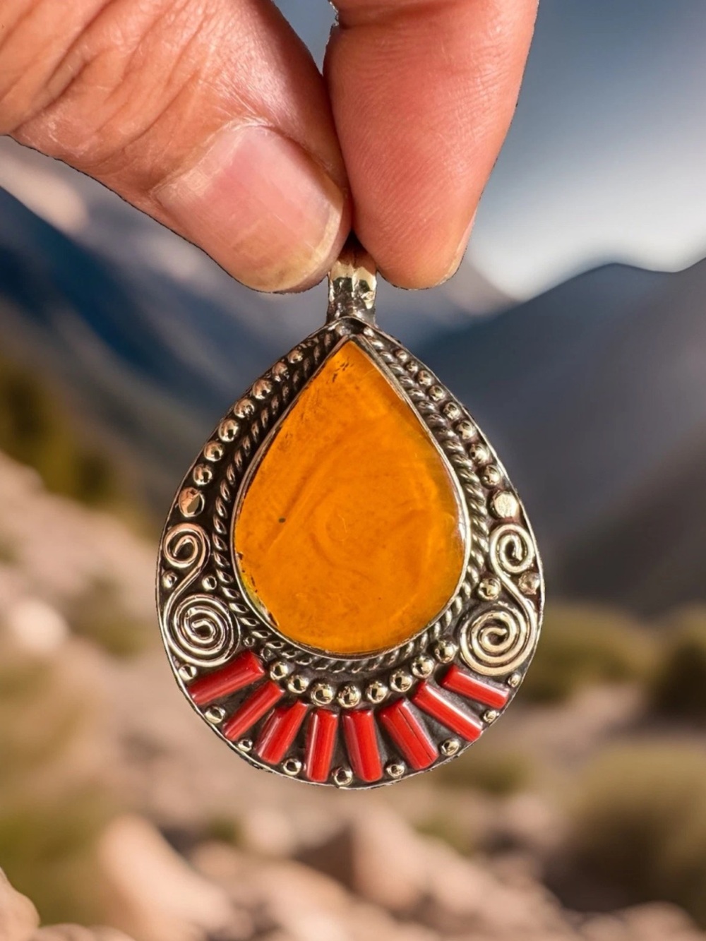 Handmade Ethnic Indo-Tibet Artisan Pendant Inlay Amber Resin,Coral & Silver 26gr
